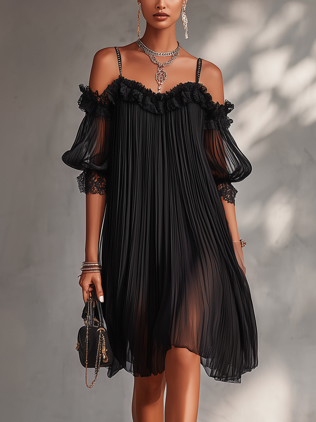 Vittoria | Mini Abito Nero in Chiffon con Spalle Scoperte e Elegante Bordo in Pizzo