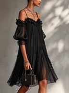 Vittoria | Mini Abito Nero in Chiffon con Spalle Scoperte e Elegante Bordo in Pizzo