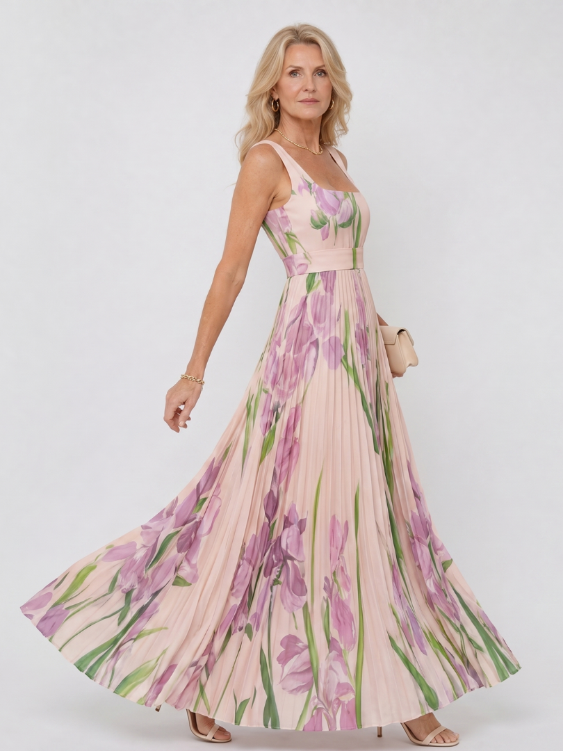Oriana | Vestito Midi Senza Maniche con Scollo Quadrato e Pieghe - Eleganza e Stile per Ogni Occasione!