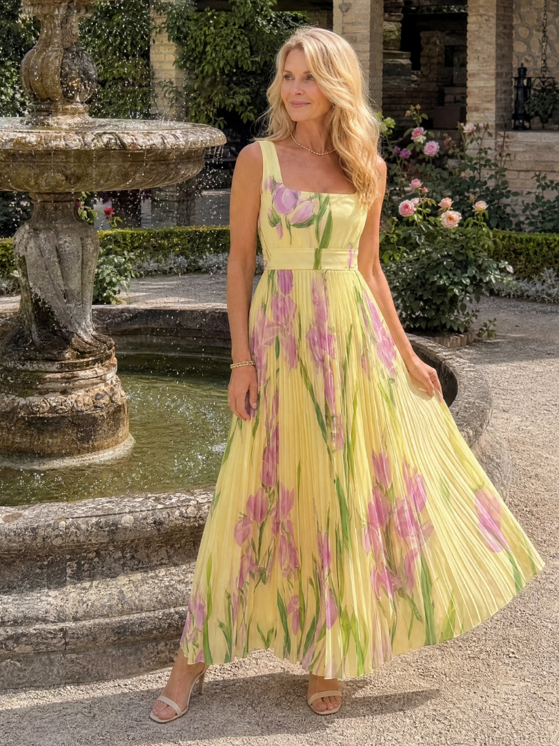 Oriana | Vestito Midi Senza Maniche con Scollo Quadrato e Pieghe - Eleganza e Stile per Ogni Occasione!