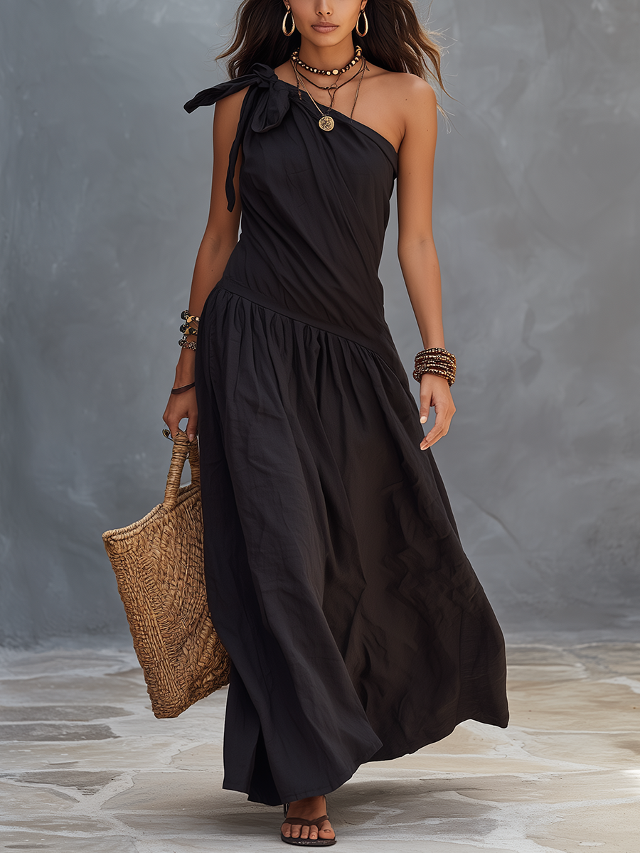 SELENA | Maxi Abito Monospalla Nero - Eleganza Unica per Ogni Occasione