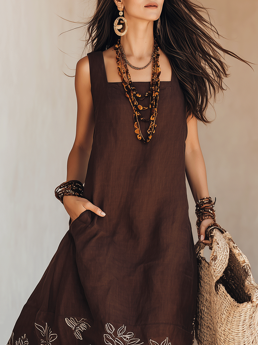 NOEMI | Abito Midi in Lino Boho Ricamato - Eleganza Naturale per Ogni Occasione!