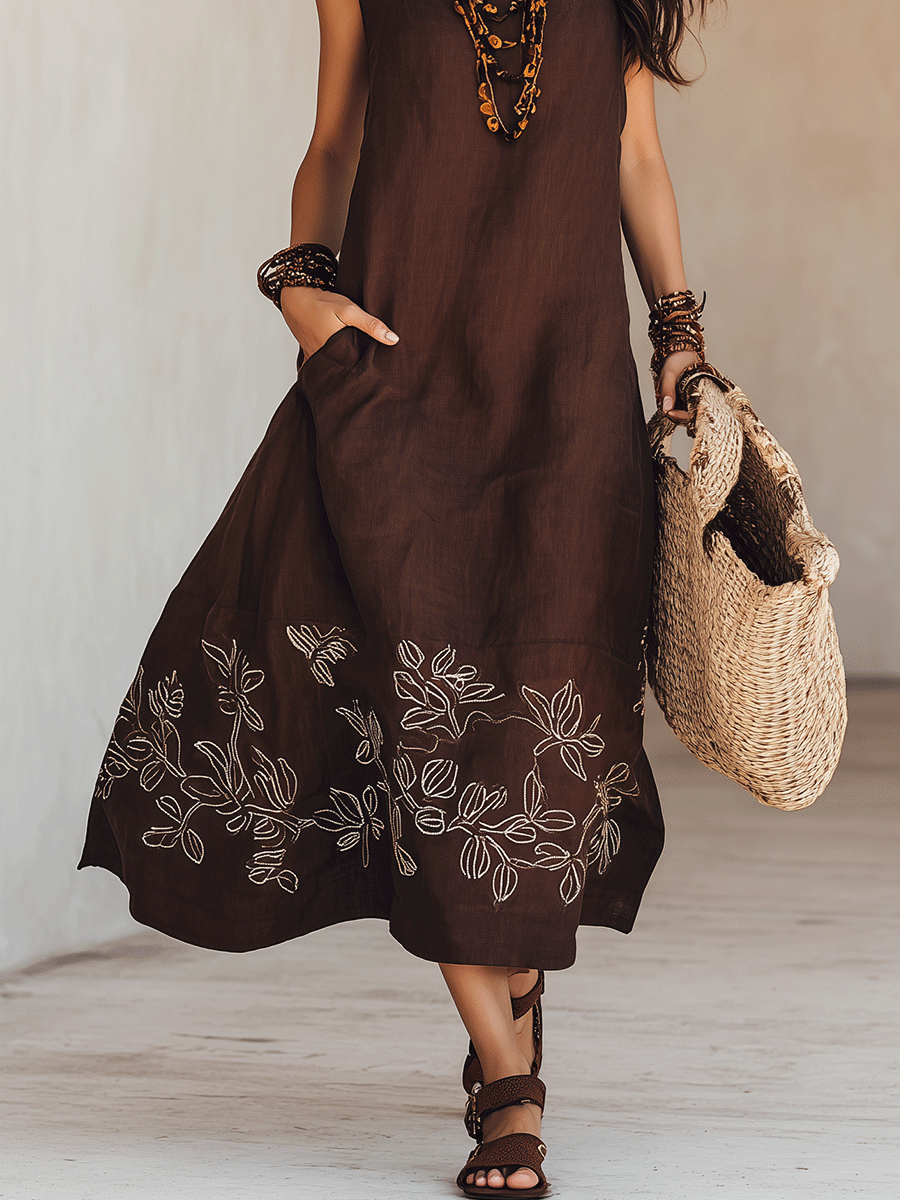 NOEMI | Abito Midi in Lino Boho Ricamato - Eleganza Naturale per Ogni Occasione!