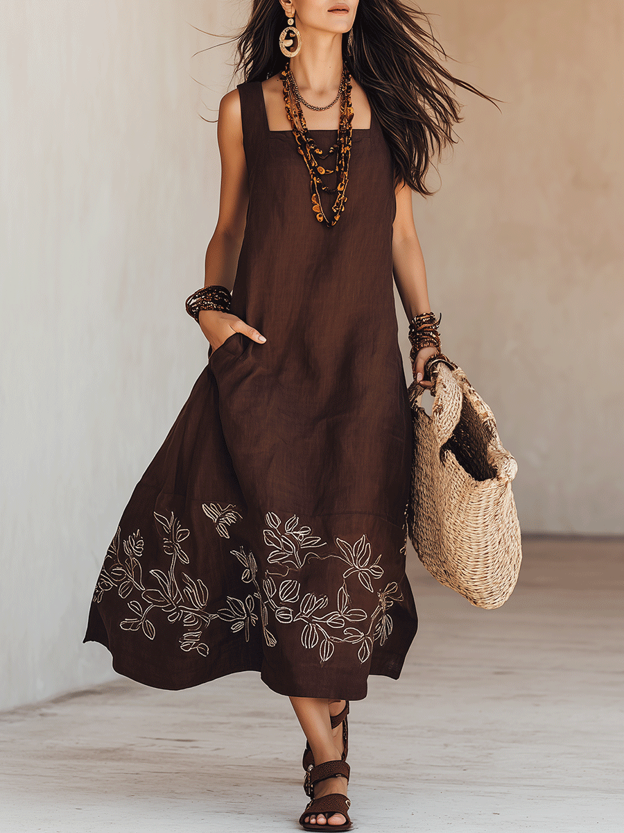 NOEMI | Abito Midi in Lino Boho Ricamato - Eleganza Naturale per Ogni Occasione!