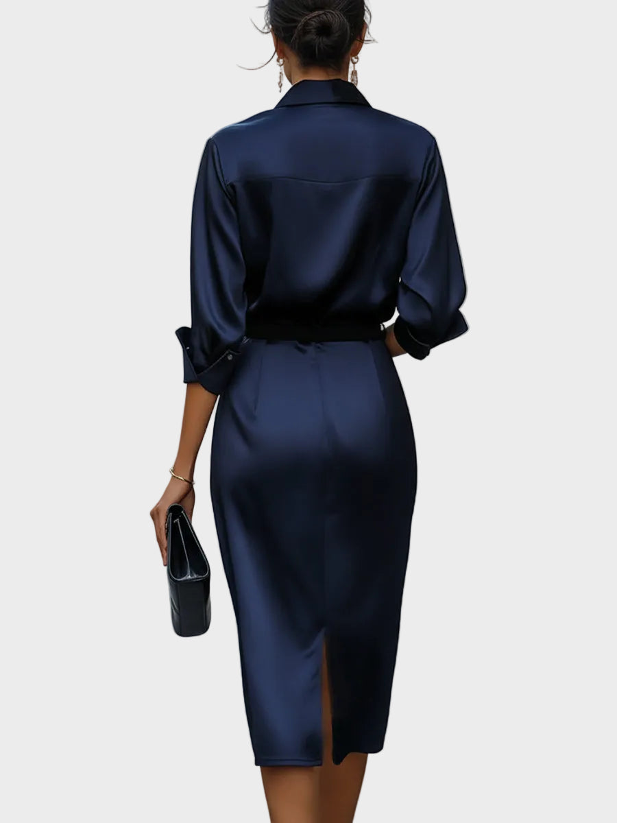 Delilah | Abito Midi in Satin Elegante con Collo Drappeggiato e Cintura Nera - Stile e Raffinatezza per Ogni Occasione!