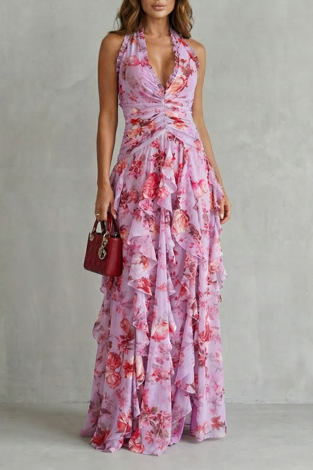 Belladina | Abito Lungo Romantico con Scollo All'Americana e Cascata di Rose