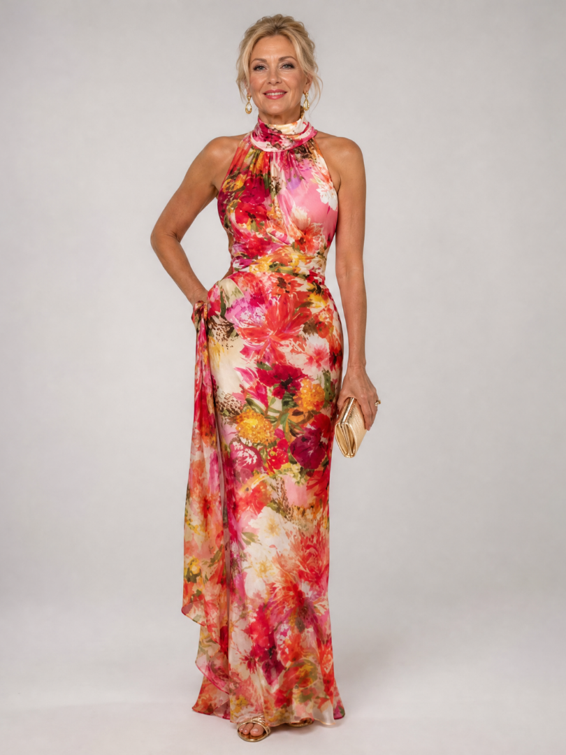 Elisabetta | Abito Maxi Floreale con Collo Halter - Eleganza e Stile per Ogni Occasione!