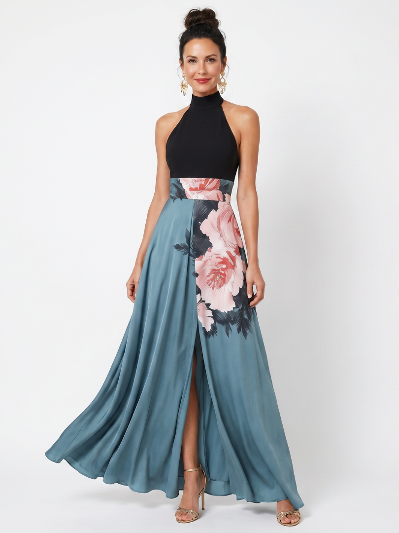 Olympas | Abito Maxi Elegante con Corpetto Halter e Gonna Floreale da Sogno