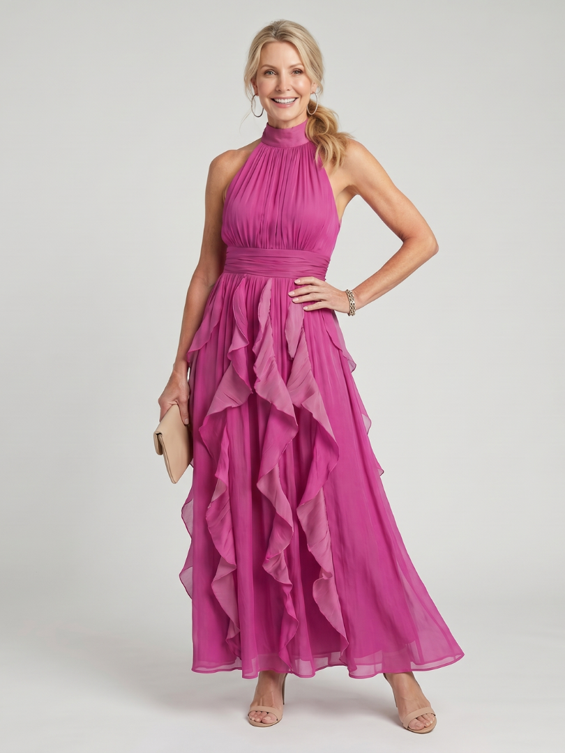 Abito Maxi Orea con Collo Alto e Strati di Rouches - Eleganza e Stile Unici!