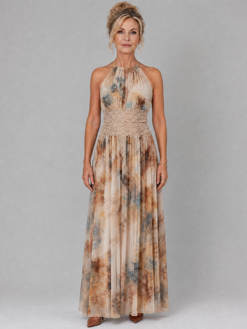 Elavenue | Abito Maxi Scollo Halter con Elegante Vita in Pizzo