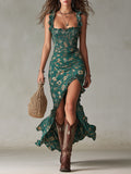 Zara | Abito Maxi Boho Retrò con Maniche a Rouches e Spacco Alto - Stile Unico per Ogni Occasione!