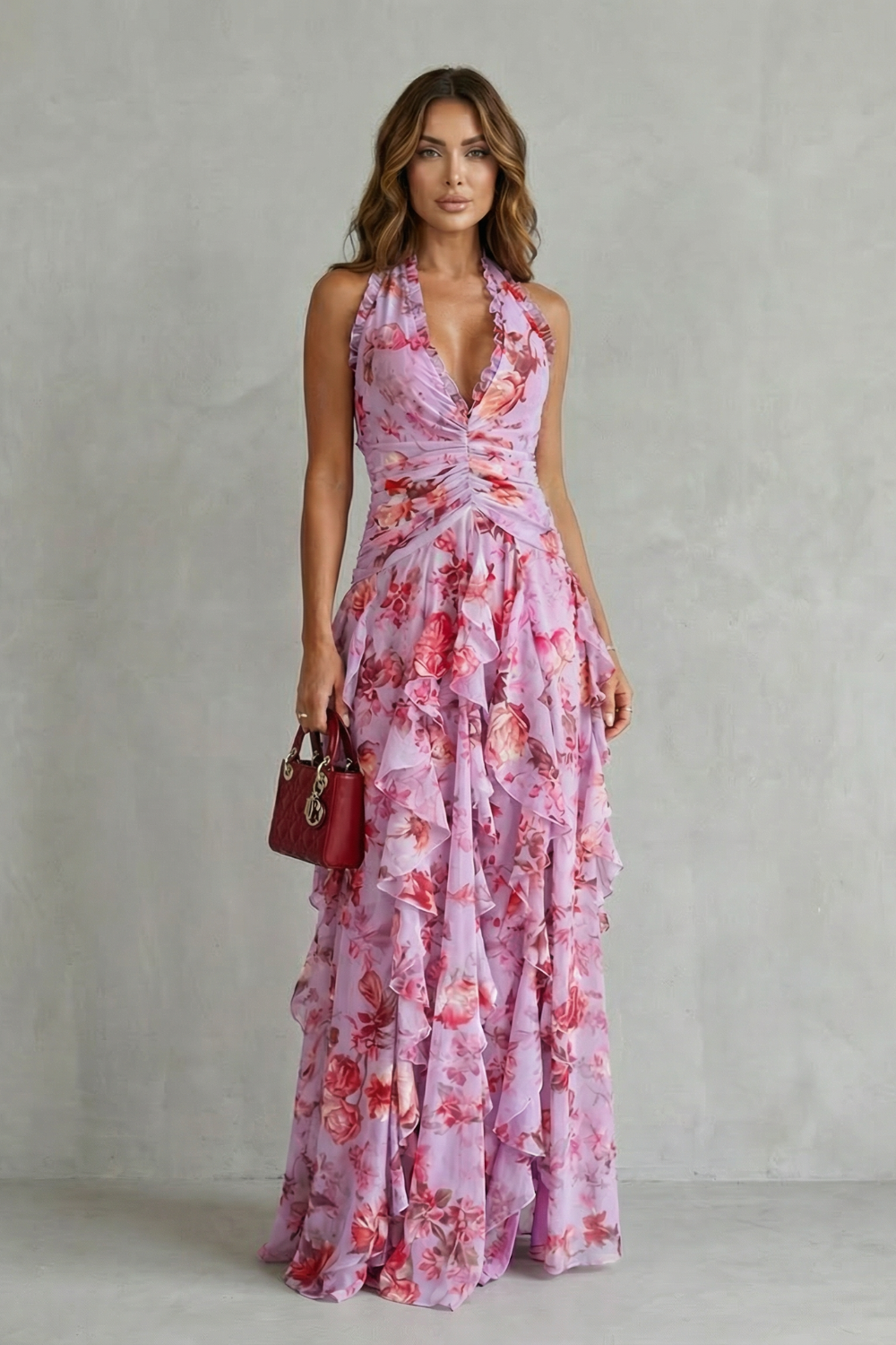 Belladina | Abito Lungo Romantico con Scollo All'Americana e Cascata di Rose