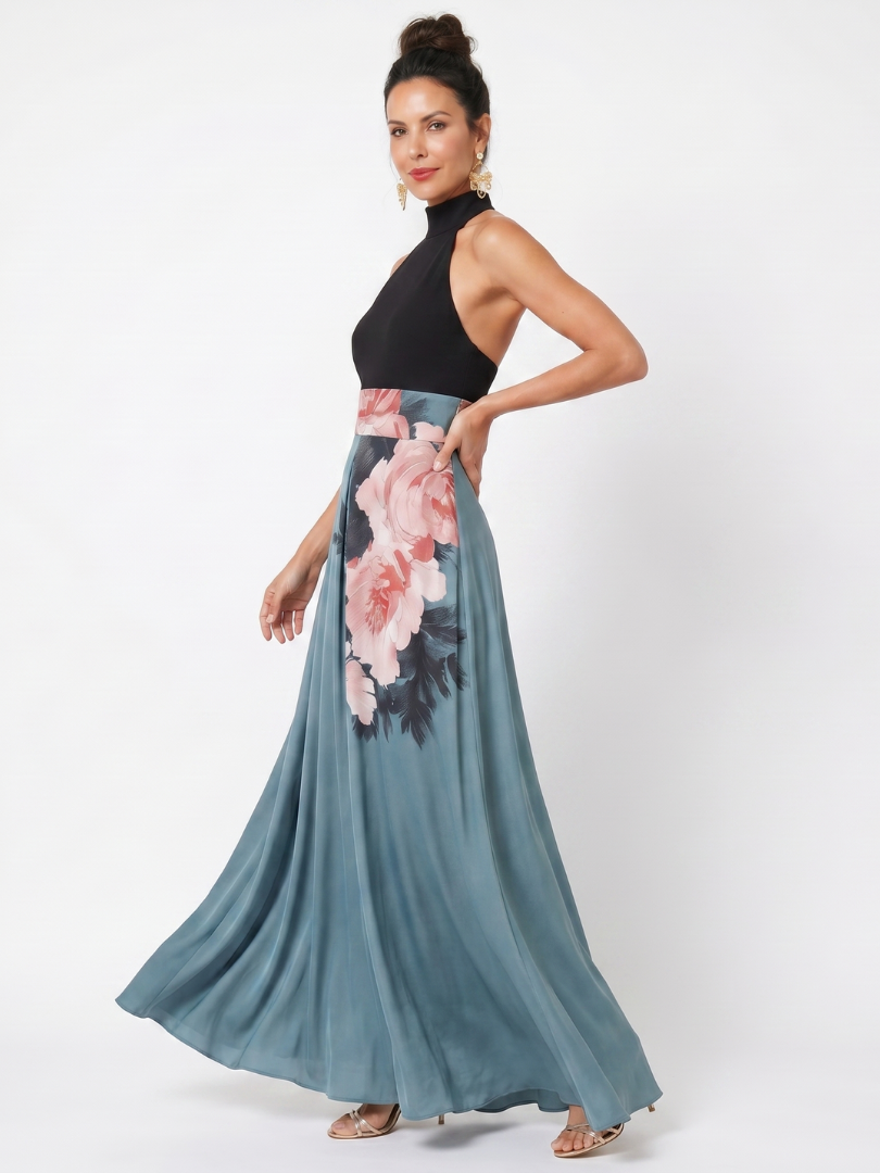 Olympas | Abito Maxi Elegante con Corpetto Halter e Gonna Floreale da Sogno