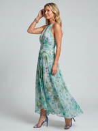 Portia | Vestito Midi Plissettato con Collo Halter e Stampa Floreale - Eleganza e Stile per Ogni Occasione!