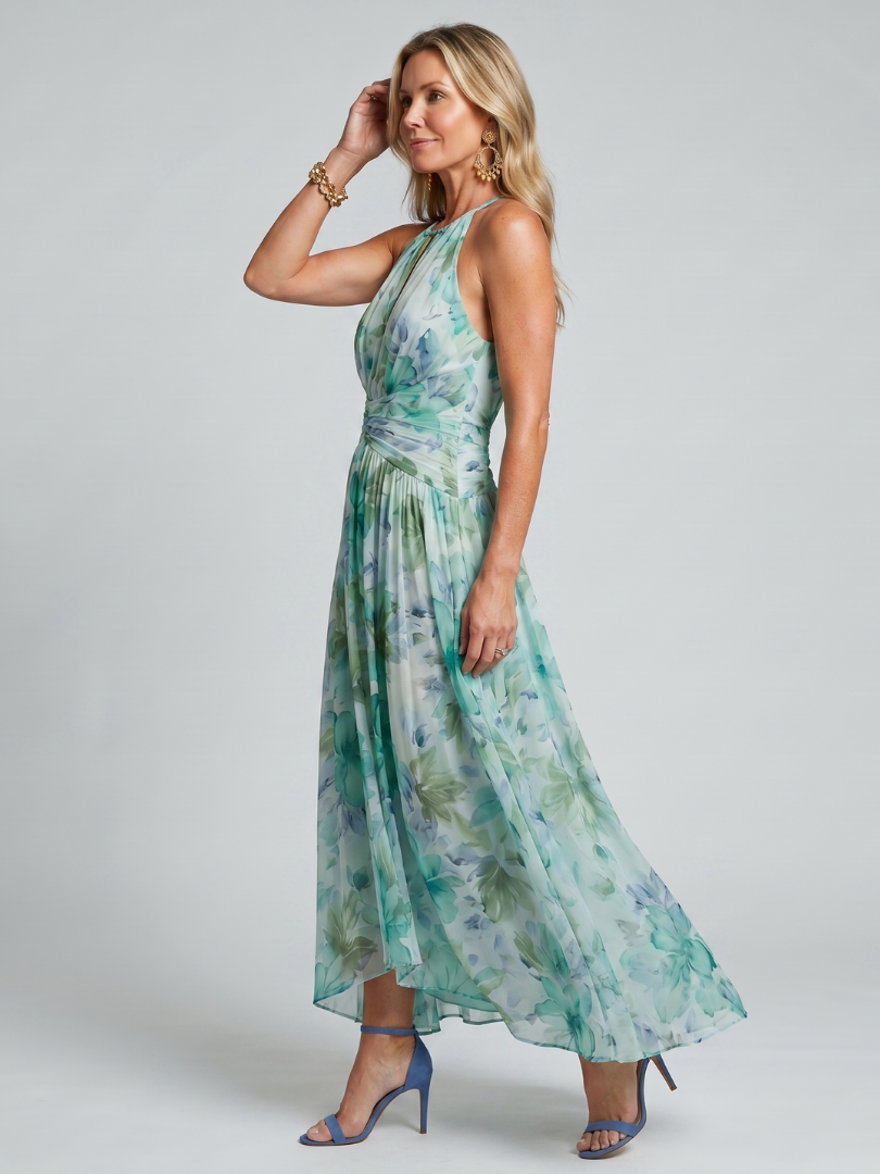 Portia | Vestito Midi Plissettato con Collo Halter e Stampa Floreale - Eleganza e Stile per Ogni Occasione!