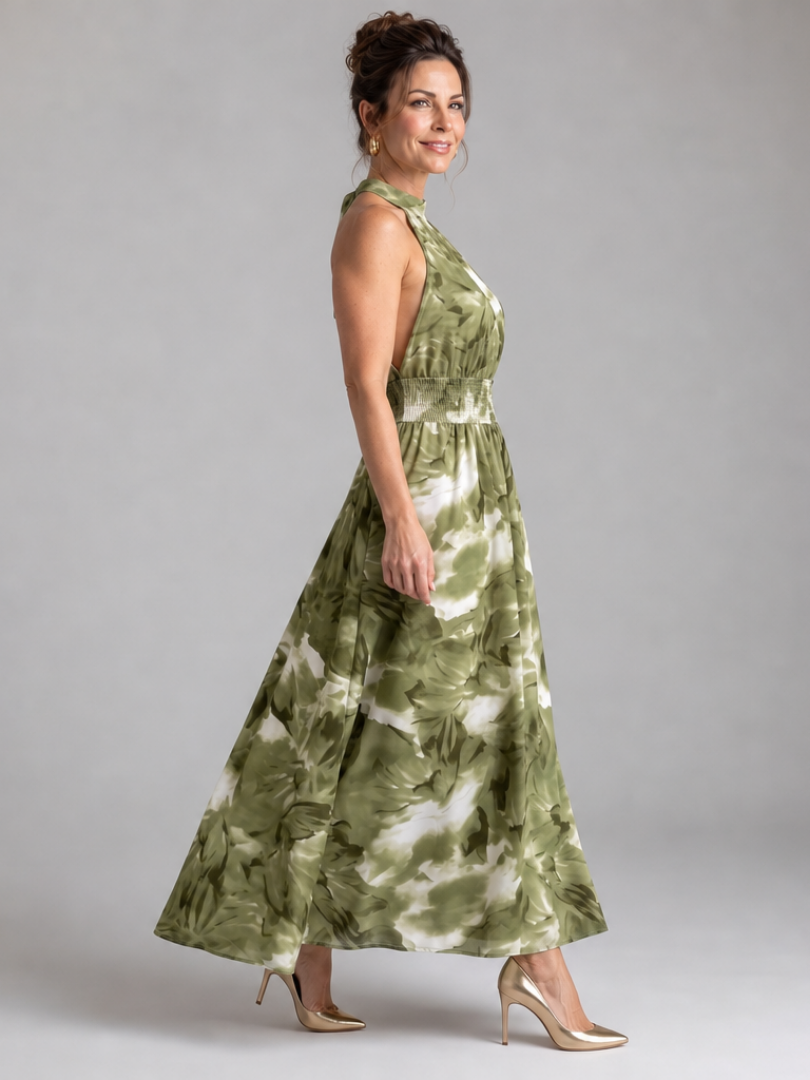 Olivia | Abito Midi con Vita Arricciata e Stampa Astratta - Eleganza Unica per Ogni Occasione!