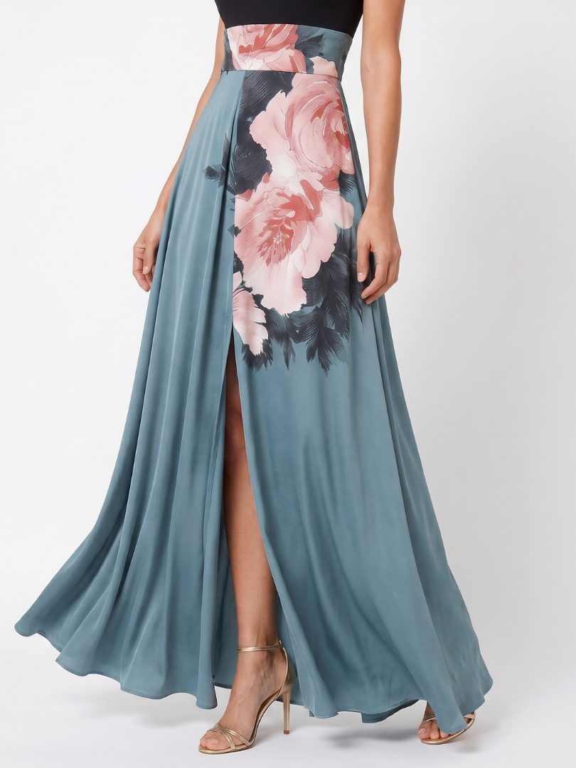 Olympas | Abito Maxi Elegante con Corpetto Halter e Gonna Floreale da Sogno