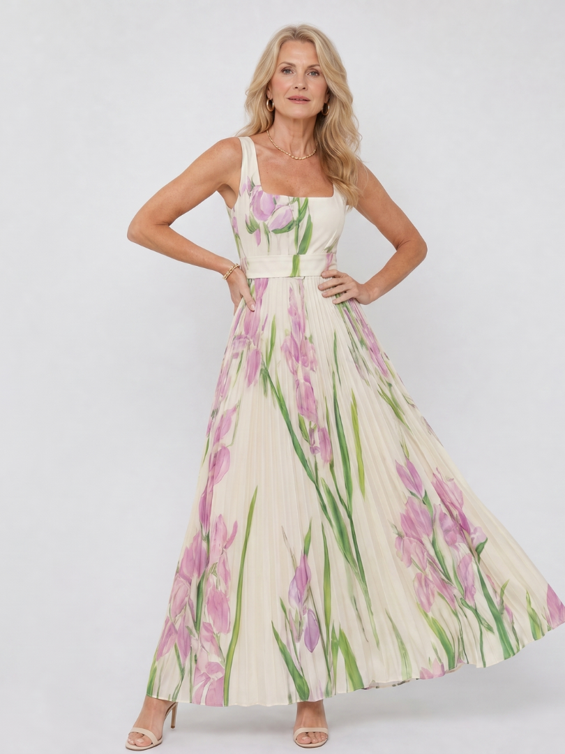 Oriana | Vestito Midi Senza Maniche con Scollo Quadrato e Pieghe - Eleganza e Stile per Ogni Occasione!