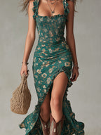 Zara | Abito Maxi Boho Retrò con Maniche a Rouches e Spacco Alto - Stile Unico per Ogni Occasione!