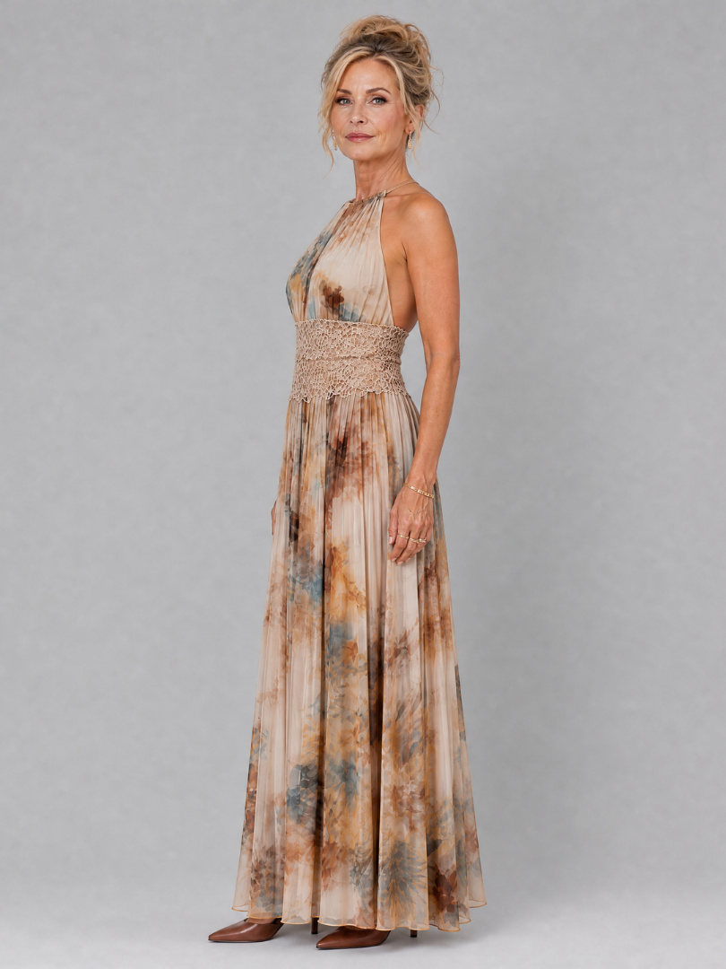 Elavenue | Abito Maxi Scollo Halter con Elegante Vita in Pizzo