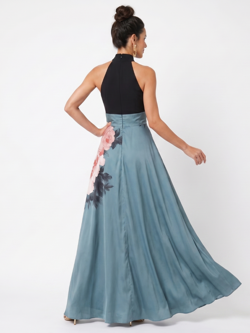 Olympas | Abito Maxi Elegante con Corpetto Halter e Gonna Floreale da Sogno