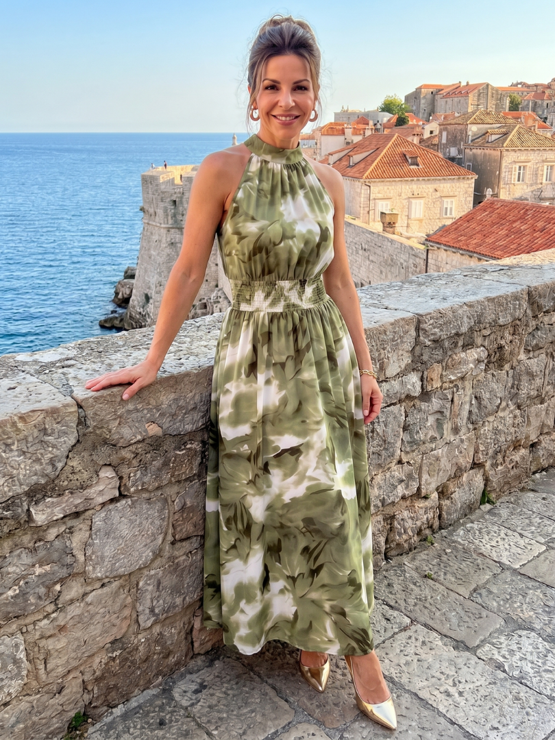 Olivia | Abito Midi con Vita Arricciata e Stampa Astratta - Eleganza Unica per Ogni Occasione!