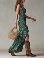 Sara | Vestito Lungo Boho Retro con Maniche Arricciate e Spacco Alto - Eleganza Unica per Ogni Occasione!