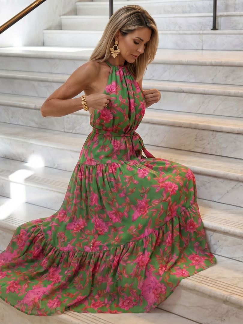 Rowen | Abito Midi Drappeggiato con Scollo Halter – Eleganza e Stile Unici!