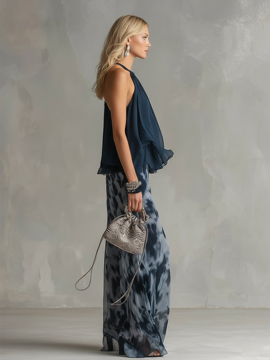 Ludovica | Set Chic in Chiffon con Top a Collo Alto e Pantaloni Larghi Stampati - Eleganza e Comfort