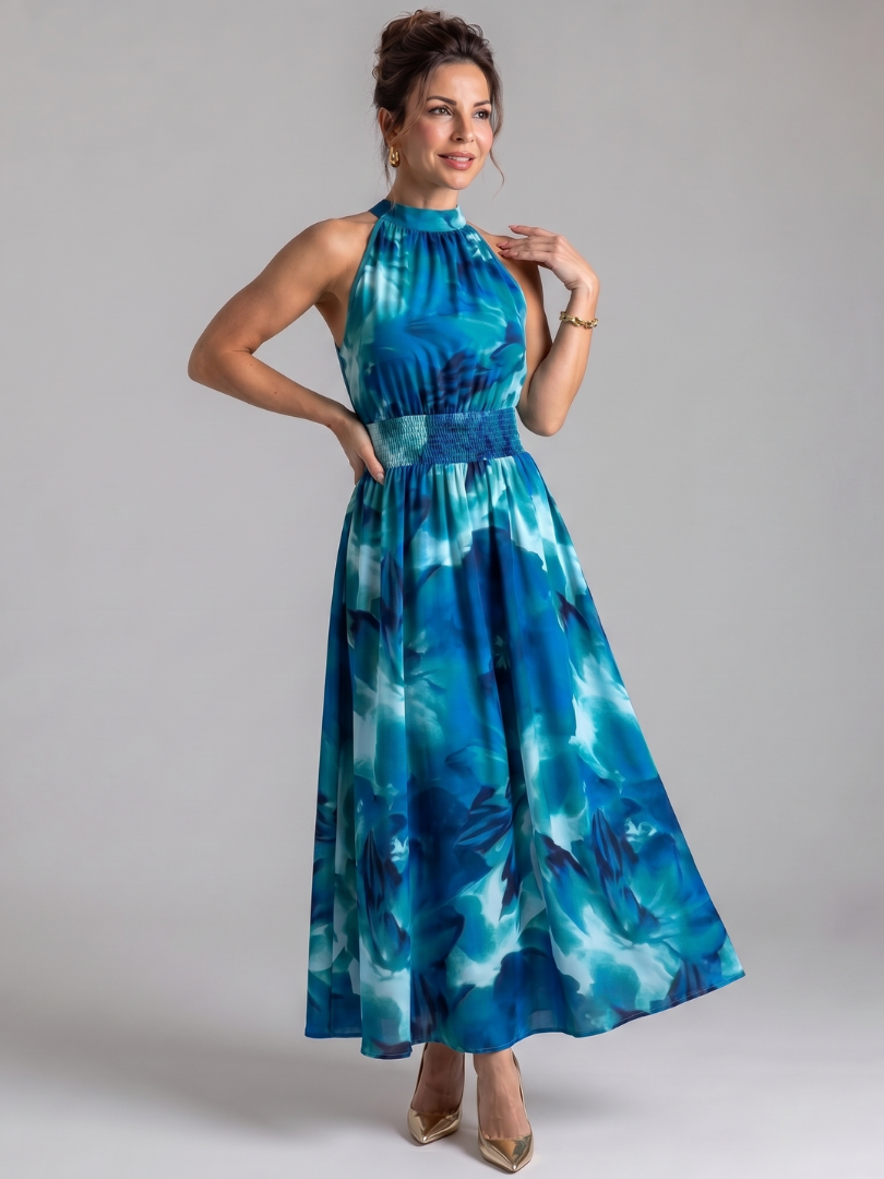 Olivia | Abito Midi con Vita Arricciata e Stampa Astratta - Eleganza Unica per Ogni Occasione!