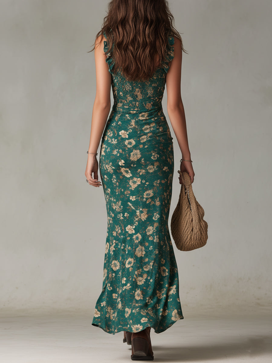 Sara | Vestito Lungo Boho Retro con Maniche Arricciate e Spacco Alto - Eleganza Unica per Ogni Occasione!
