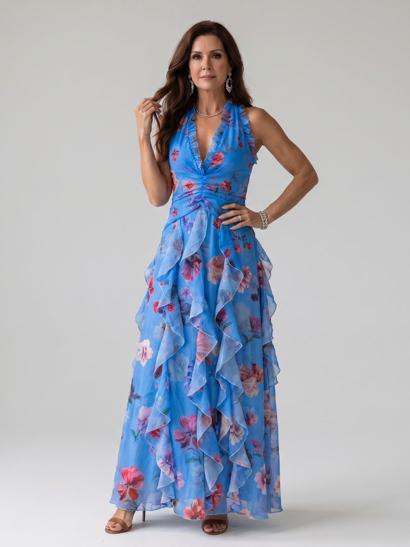 Nori | Abito Maxi Floreale con Scollo All'Americana e Corpetto Arricciato - Stile e Comfort per Ogni Occasione!