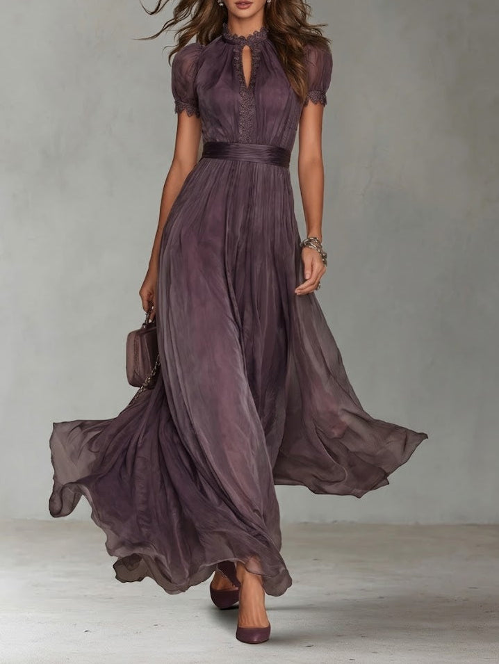 Flavia - Abito Lungo Viola con Scollo a Goccia e Dettagli in Pizzo Chiffon | Eleganza e Stile