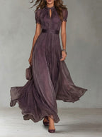 Flavia - Abito Lungo Viola con Scollo a Goccia e Dettagli in Pizzo Chiffon | Eleganza e Stile