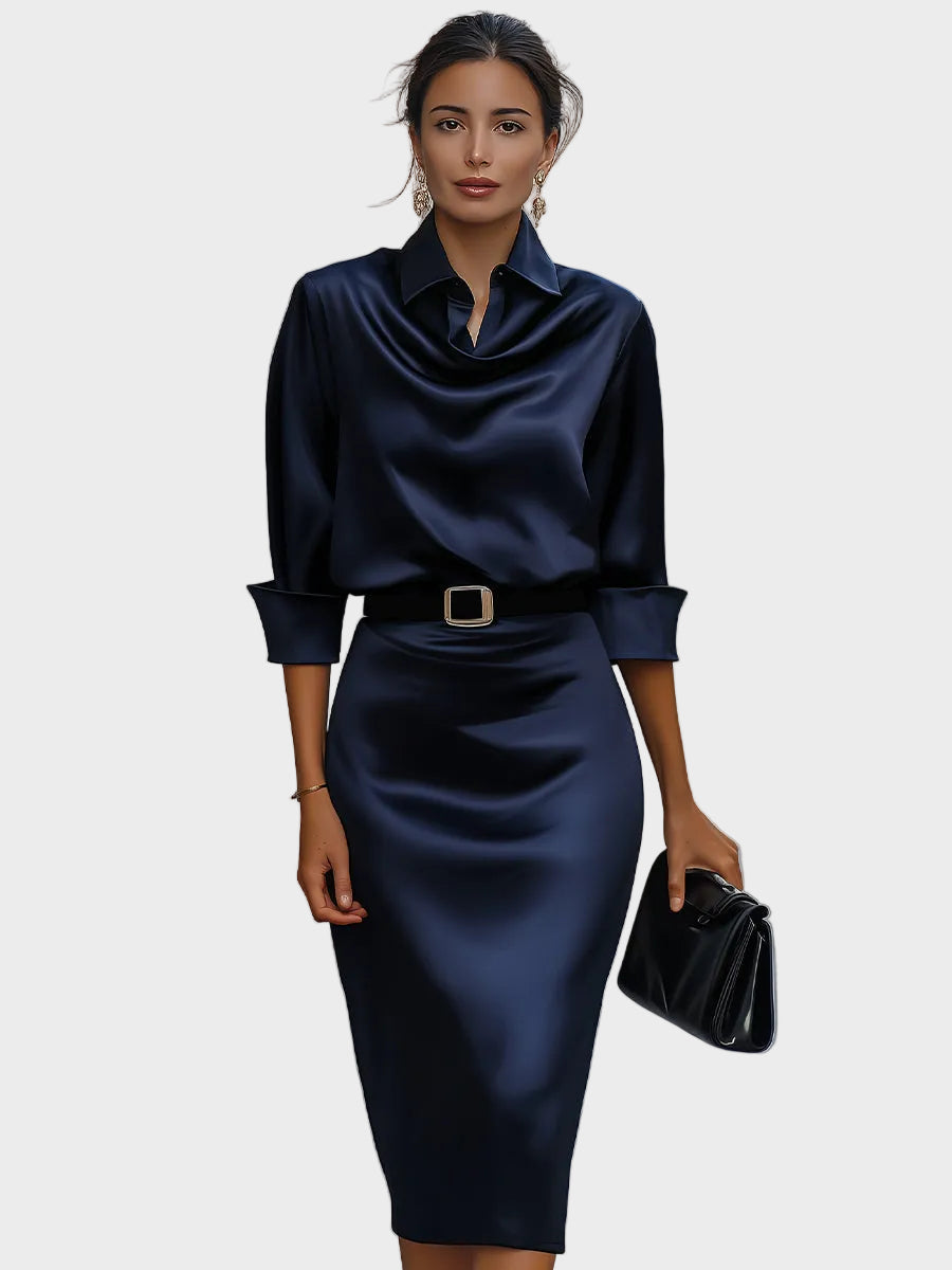 Delilah | Abito Midi in Satin Elegante con Collo Drappeggiato e Cintura Nera - Stile e Raffinatezza per Ogni Occasione!