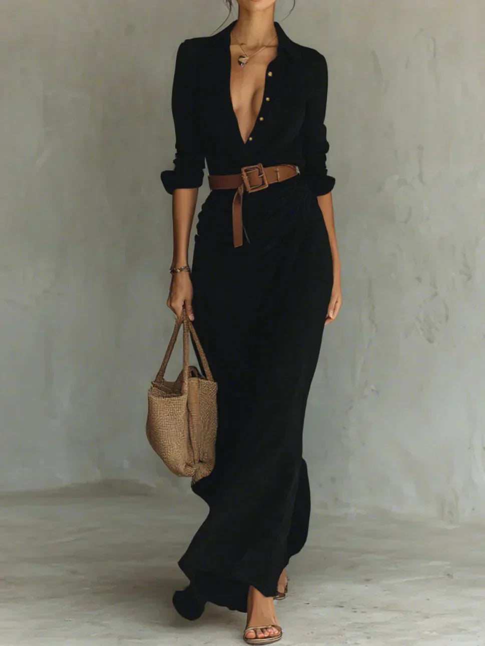 Camille™ | Maxi Abito Elegante con Rever e Cintura in Vita - Stile Unico per Ogni Occasione!