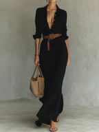 Camille™ | Maxi Abito Elegante con Rever e Cintura in Vita - Stile Unico per Ogni Occasione!