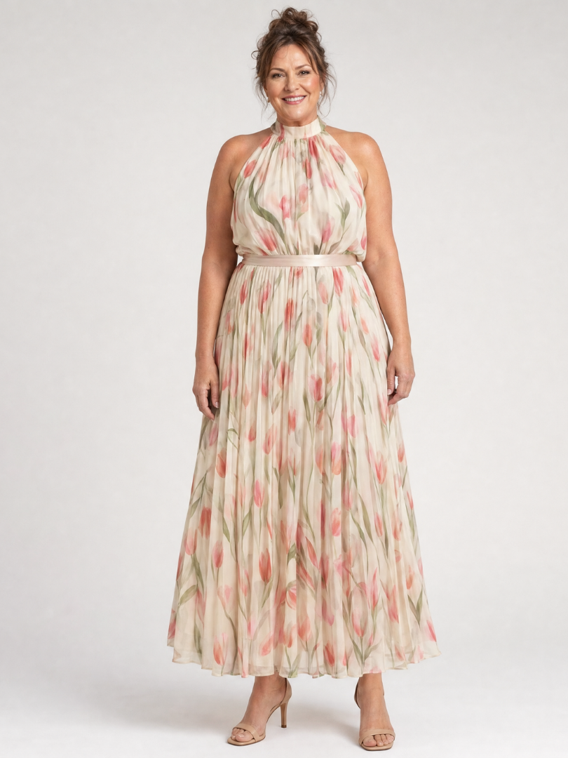 Aurelle | Abito Midi Floreale con Scollo Halter - Eleganza e Stile per Ogni Occasione!