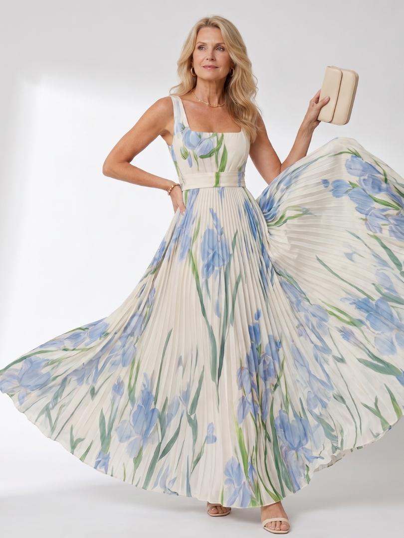 Oriana | Vestito Midi Senza Maniche con Scollo Quadrato e Pieghe - Eleganza e Stile per Ogni Occasione!