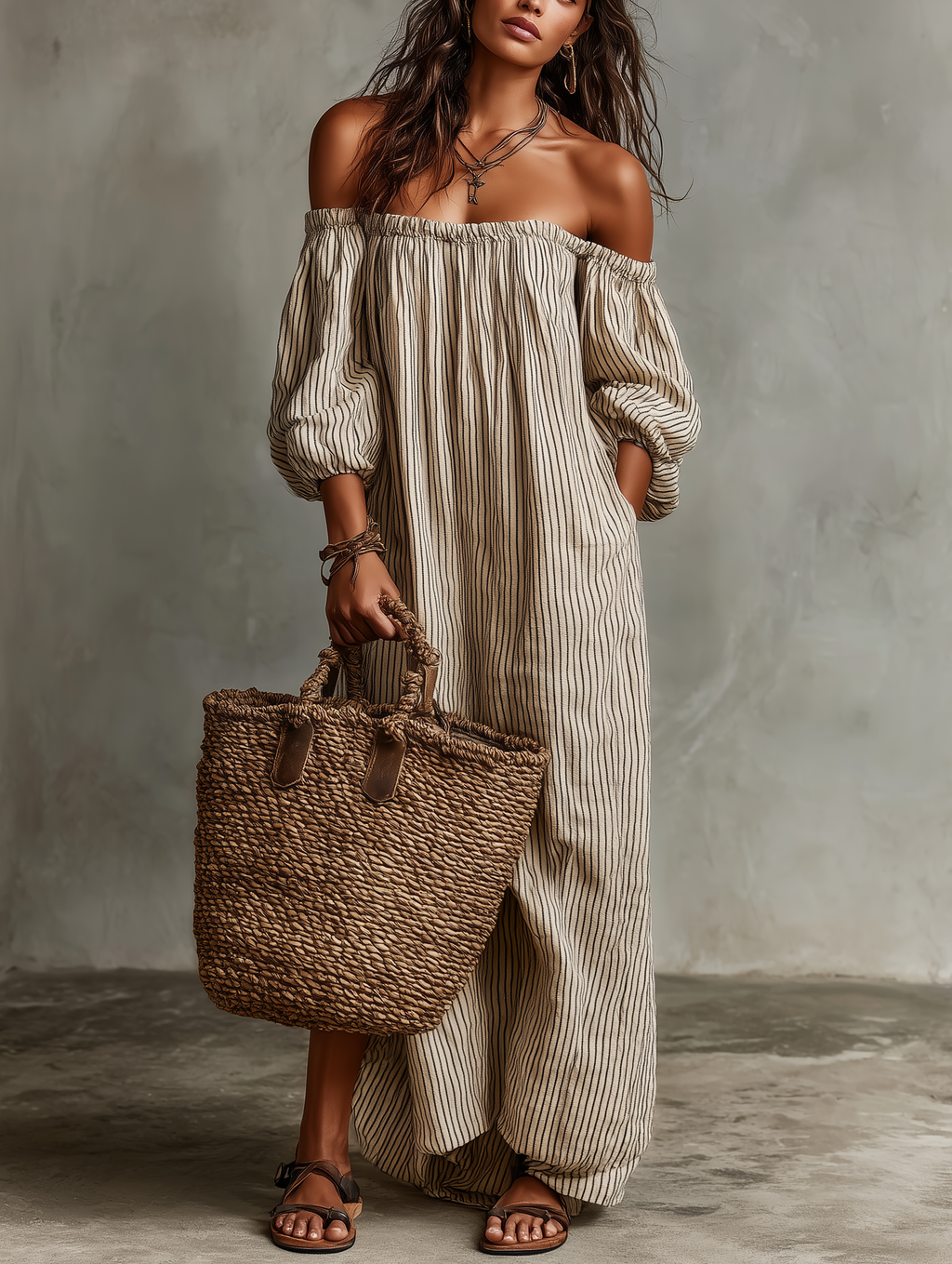 Carmen | Abito Lungo in Cotone e Lino con Design Off-the-Shoulder - Eleganza Estiva
