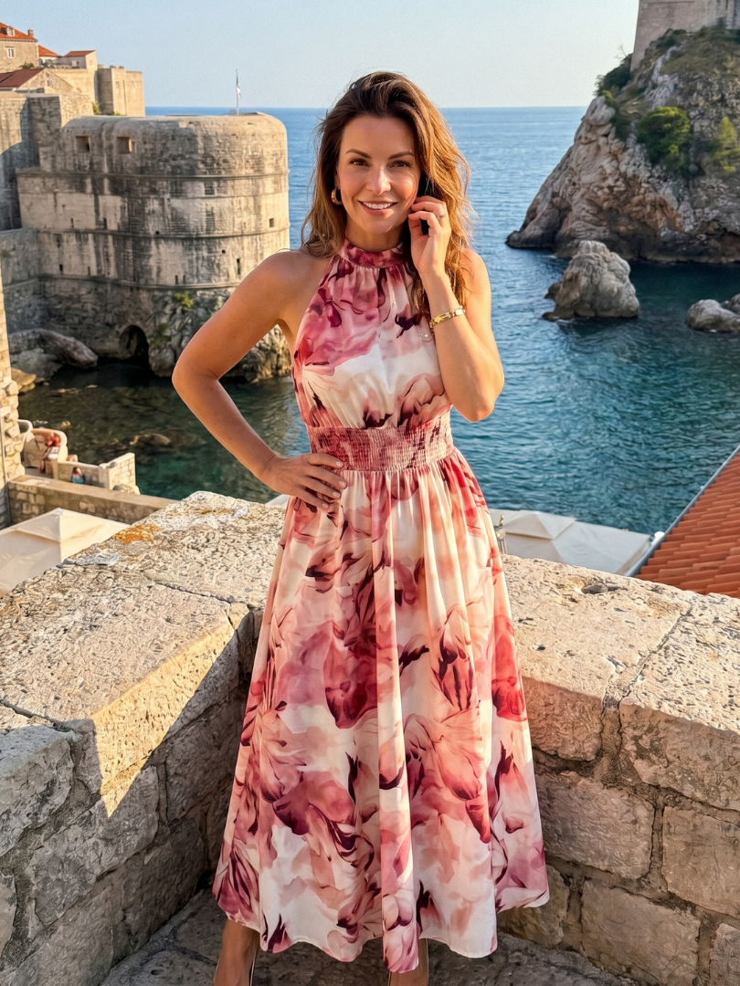 Olivia | Abito Midi con Vita Arricciata e Stampa Astratta - Eleganza Unica per Ogni Occasione!