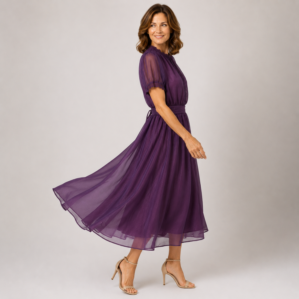 Flavia | Maxi Abito Elegante con Scollo a Goccia e Raffinato Bordo in Pizzo Chiffon