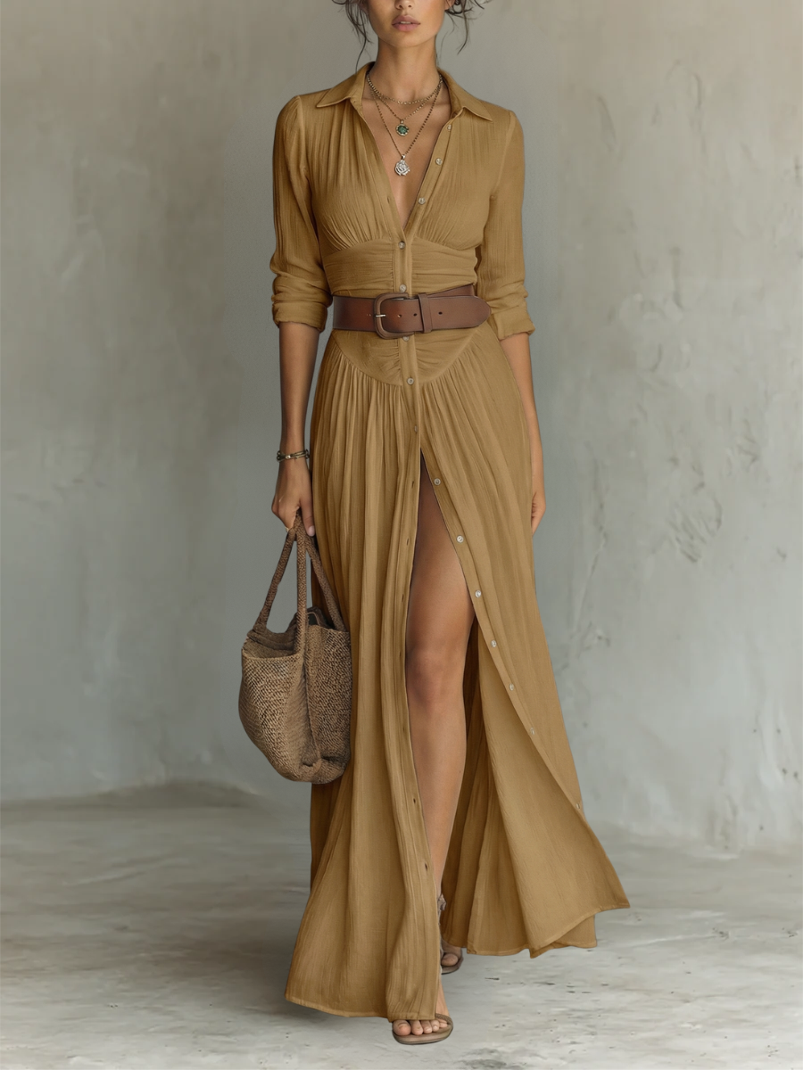 Lana | Abito Maxi Lungo da Donna in Lino con Collo e Maniche Lunghe - Eleganza e Comfort per Ogni Occasione!
