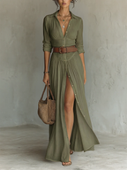 Lana | Abito Maxi Lungo da Donna in Lino con Collo e Maniche Lunghe - Eleganza e Comfort per Ogni Occasione!
