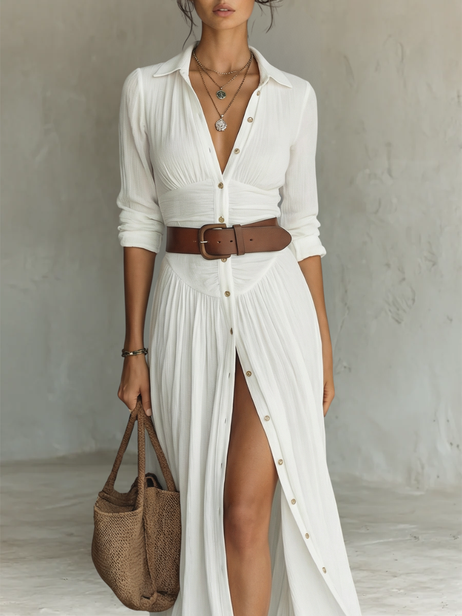 Lana | Abito Maxi Lungo da Donna in Lino con Collo e Maniche Lunghe - Eleganza e Comfort per Ogni Occasione!