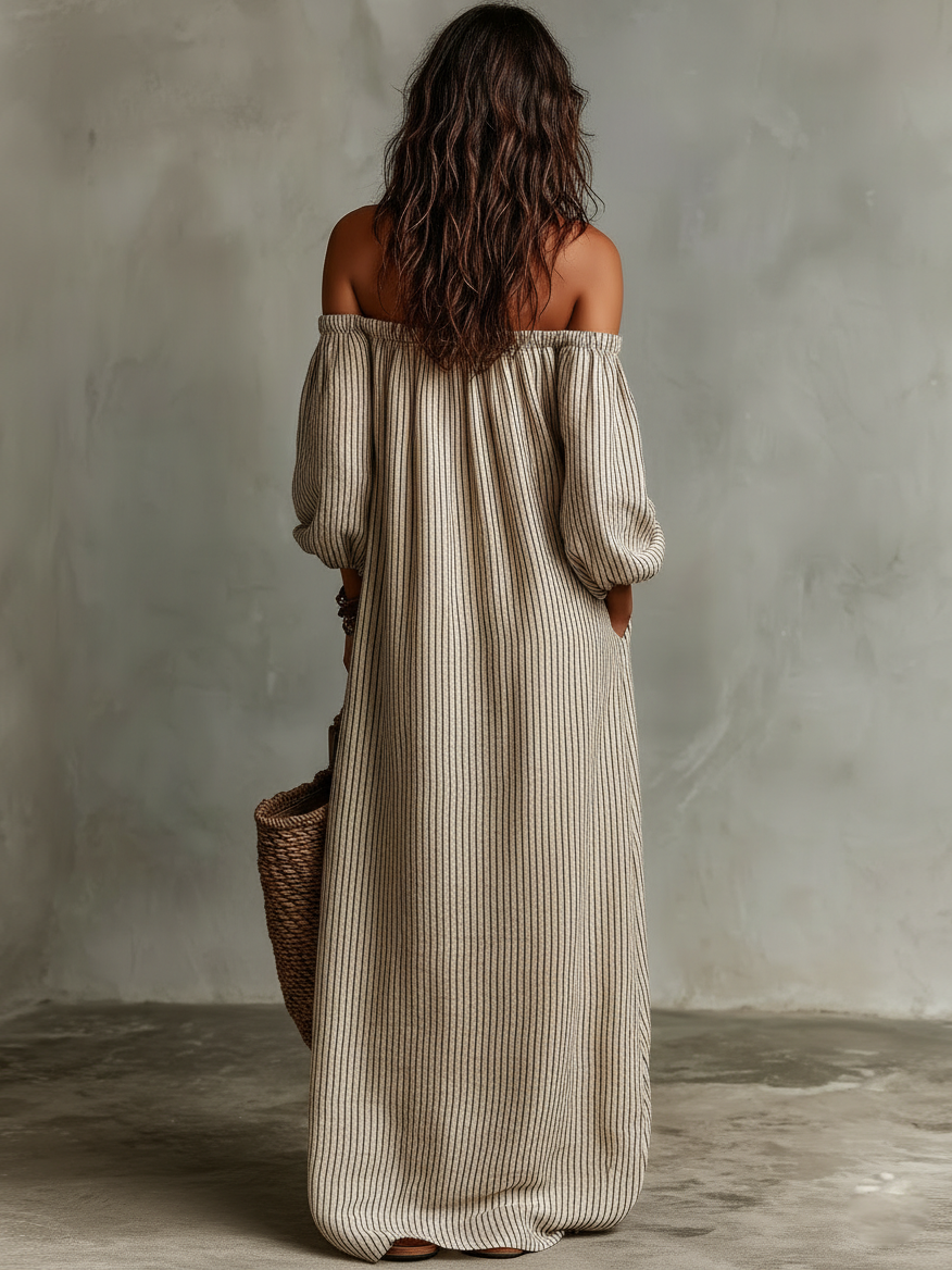 Carmen | Abito Lungo in Cotone e Lino con Design Off-the-Shoulder - Eleganza Estiva