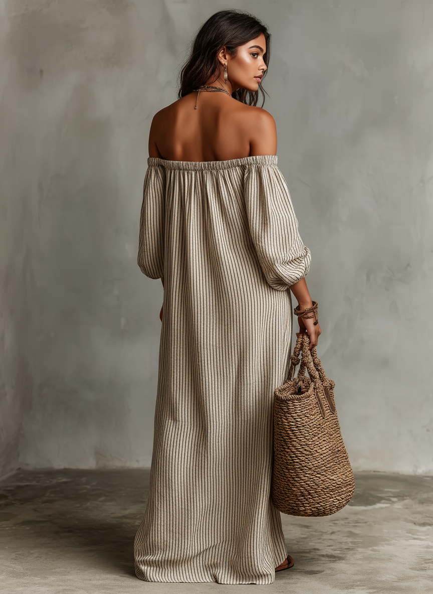 Carmen | Abito Lungo in Cotone e Lino con Design Off-the-Shoulder - Eleganza Estiva