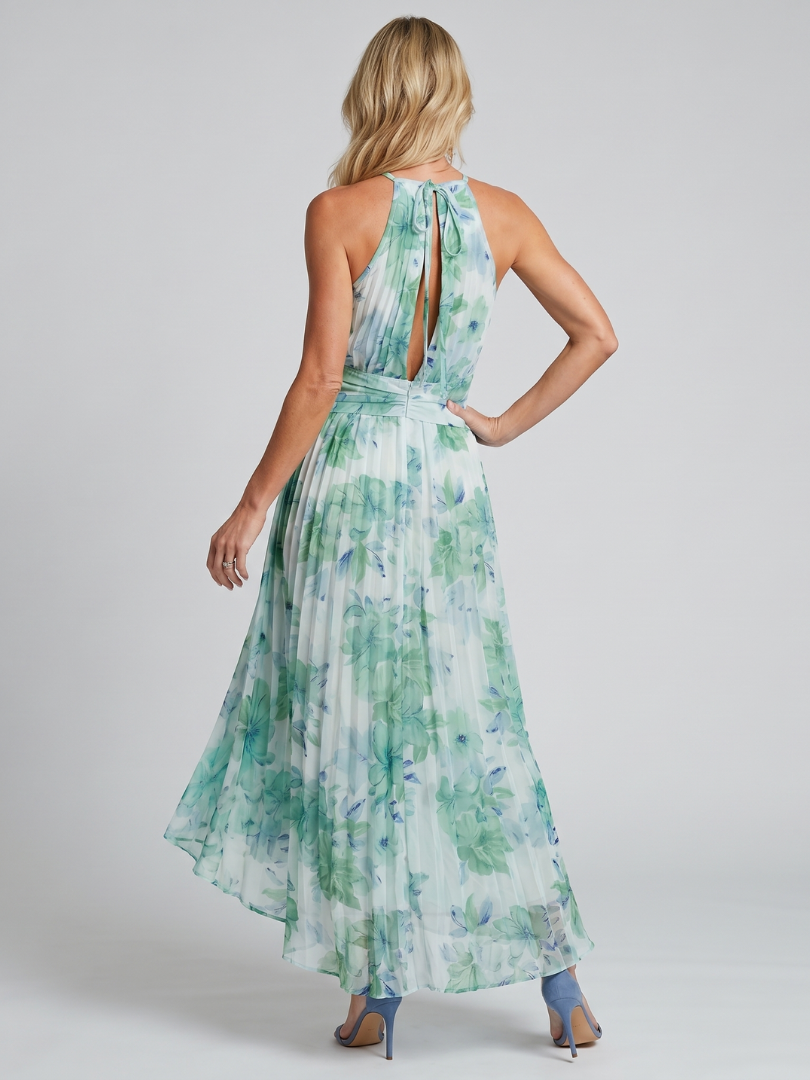 Portia | Abito Midi Halter con Pieghe e Stampa Floreale Elegante