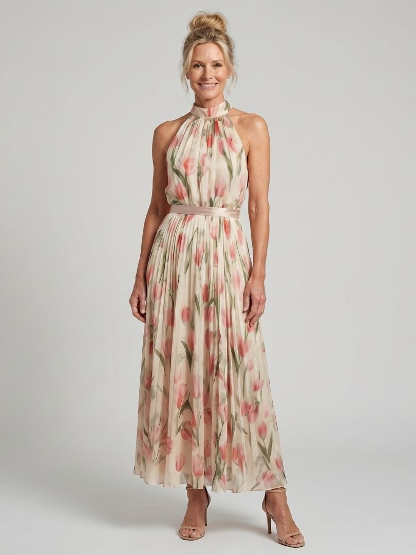 Aurelle | Abito Midi Floreale con Scollo Halter - Eleganza e Stile per Ogni Occasione!