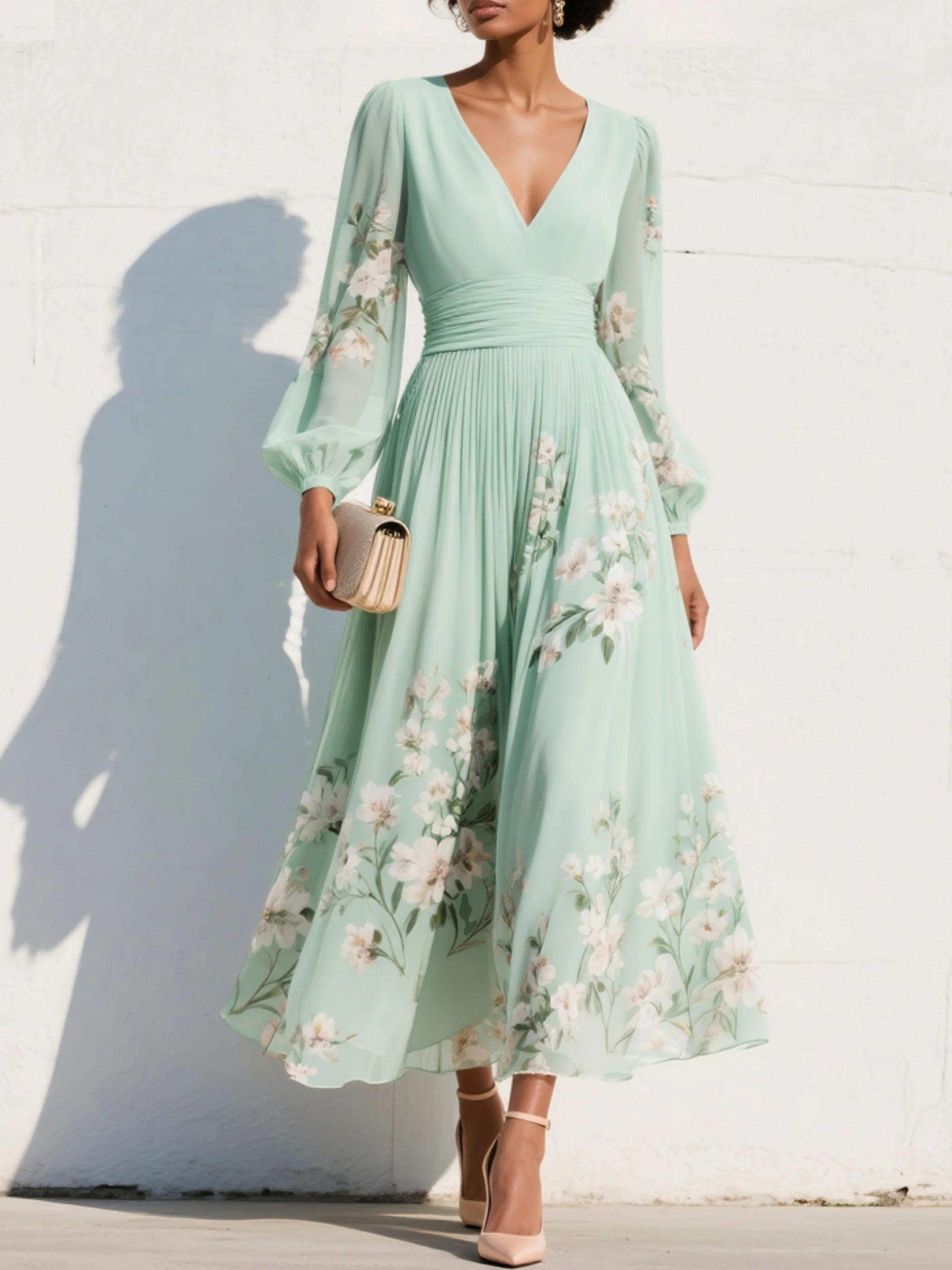 Cisella | Abito Midi Floreale Verde Chiaro - Eleganza Primaverile